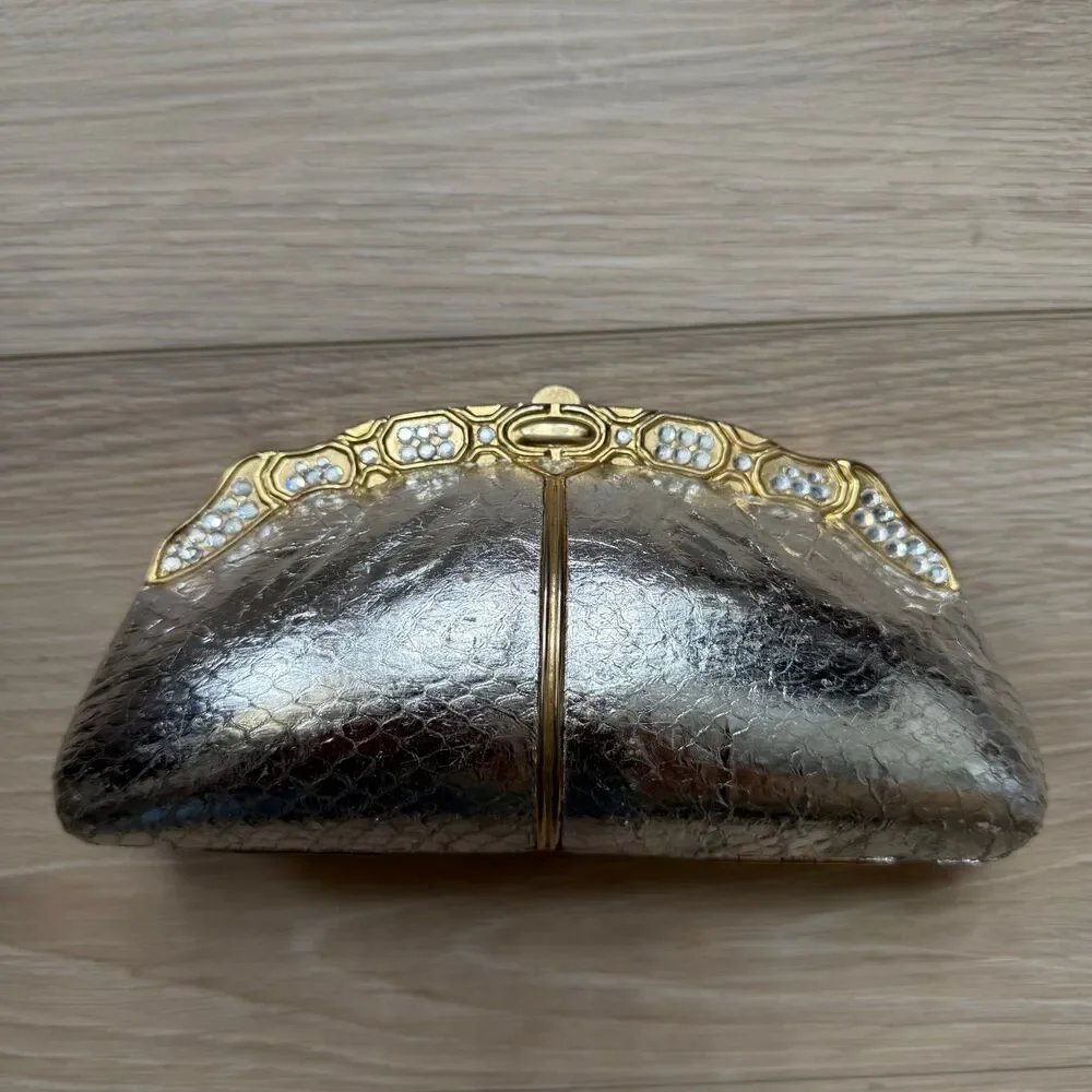 Vintage Sasha Clutch Purse Metallic Silver Gold Rhinestone Shoulder Chain Bag